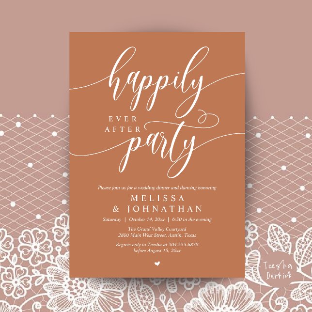 Convites Festa Feliz para Sempre, Recepção de Casamento Mod (Happily Ever After Party, Modern Wedding Reception Dinner Invitation Card in Copper Brown)