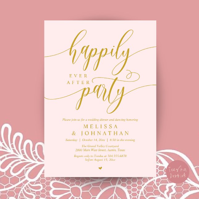 Convites Festa Feliz para Sempre, Recepção de Casamento Mod (Happily Ever After Party, Modern Wedding Reception Dinner Invitation Card in Blush and Yellow Gold)