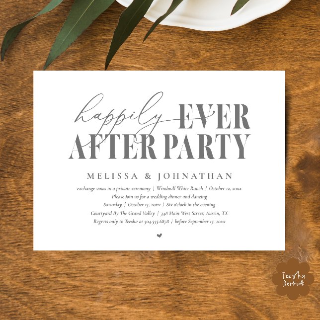 Convites Festa Feliz para Sempre, Recepção de Casamento Mod (Happily Ever After Party, Modern Wedding Reception Dinner Dancing Invitation Card in Dark Grey)