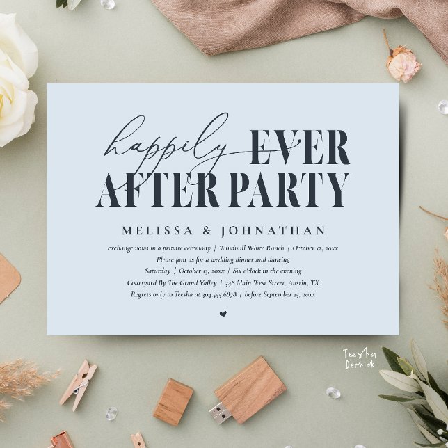 Convites Festa Feliz para Sempre, Recepção de Casamento Mod (Happily Ever After Party, Modern Wedding Reception Dinner Dancing Invitation Card in Misty Blue)