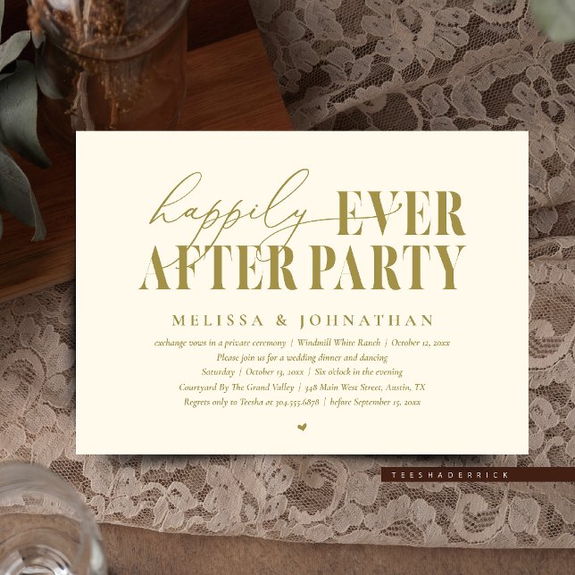 Convites Festa Feliz para Sempre, Recepção de Casamento Mod (Happily Ever After Party, Modern Wedding Reception Dinner Dancing Invitation Card in Yellow Gold)