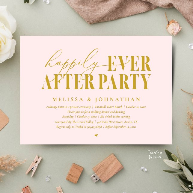 Convites Festa Feliz para Sempre, Recepção de Casamento Mod (Happily Ever After Party, Modern Wedding Reception Dinner Dancing Invitation Card in Blush Gold)