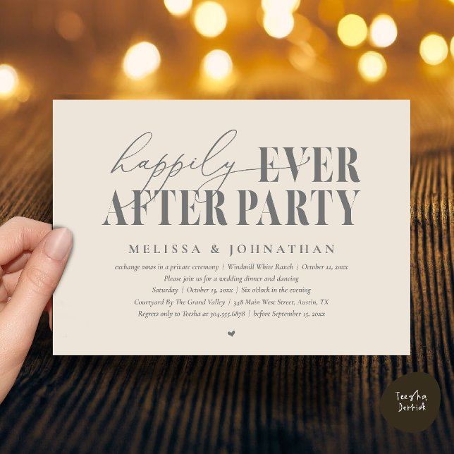 Convites Festa Feliz para Sempre, Recepção de Casamento Mod (Happily Ever After Party, Modern Wedding Reception Dinner Dancing Invitation Card in Cream Grey)