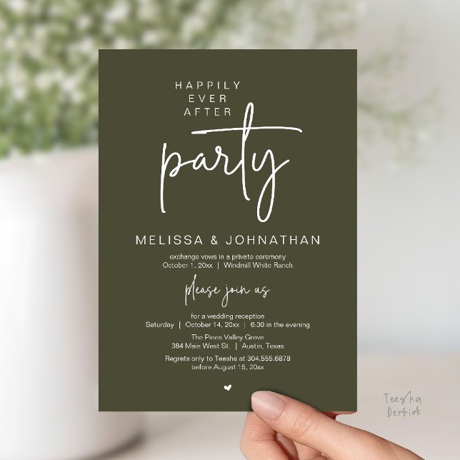Convites Festa Feliz para Sempre, Recepção de Casamento Mod (Happily Ever After Party, Modern Wedding Reception Dinner Invitation Card in Olive Green)