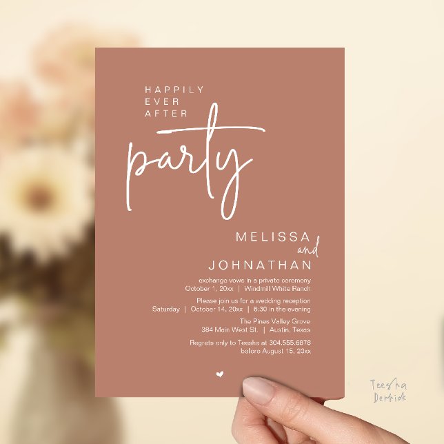Convites Festa Feliz para Sempre, Recepção de Casamento Mod (Happily Ever After Party, Modern Wedding Reception Invitation Card in terracotta earthy brown)