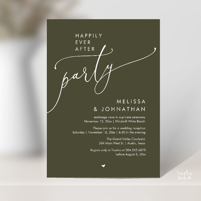 Convites Festa Feliz para Sempre Recepção de Casamento Mode (Happily Ever After Party Modern Wedding Reception Invitation Card Dinner Brunch Lunch in Olive Green)