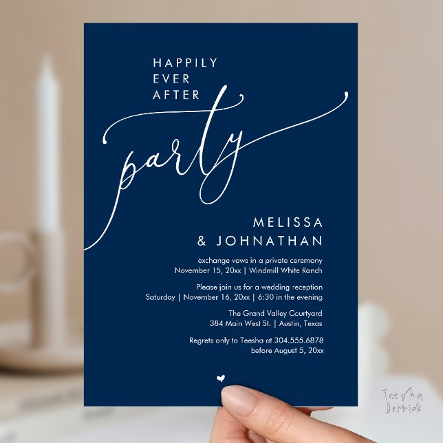 Convites Festa Feliz para Sempre Recepção de Casamento Mode (Happily Ever After Party Modern Wedding Reception Invitation Card Dinner Brunch Lunch in Navy Blue)