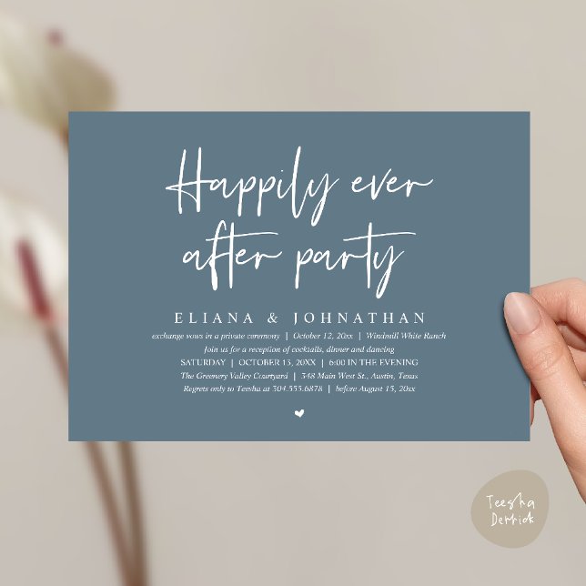 Convites Festa Feliz para Sempre Recepção de Casamento Mode (Happily Ever After Party Modern Wedding Reception Invitation Card in Dark Dusty Blue)