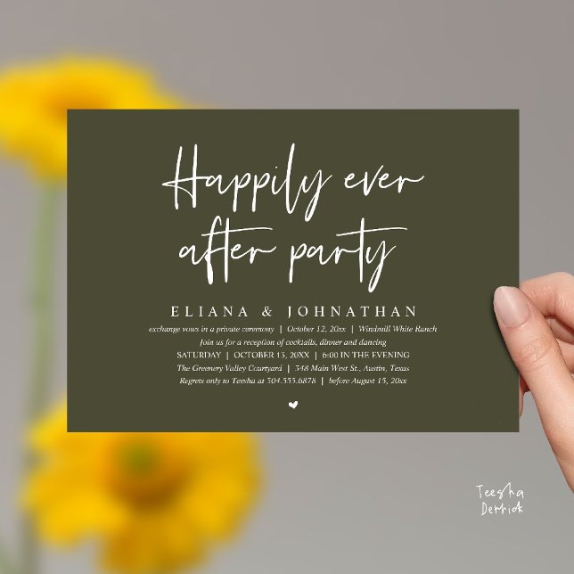 Convites Festa Feliz para Sempre Recepção de Casamento Mode (Happily Ever After Party Modern Wedding Reception Invitation Card in Olive Green)