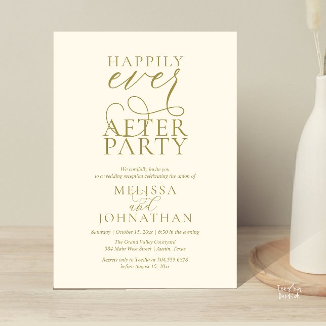 Convites Festa Feliz para Sempre, Recepção de Casamento Sof (Happily Ever After Party, Classy Wedding Reception Modern Dinner Invitation Card PDF Yellow Gold)