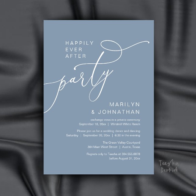 Convites Festa Feliz para Sempre, Recepção de Jantar Modern (Happily Ever After Party, Modern Dinner Reception Invitation Card in Dusty Blue)