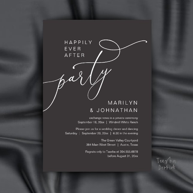 Convites Festa Feliz para Sempre, Recepção de Jantar Modern (Happily Ever After Party, Modern Dinner Reception Invitation Card in Charcoal Grey)