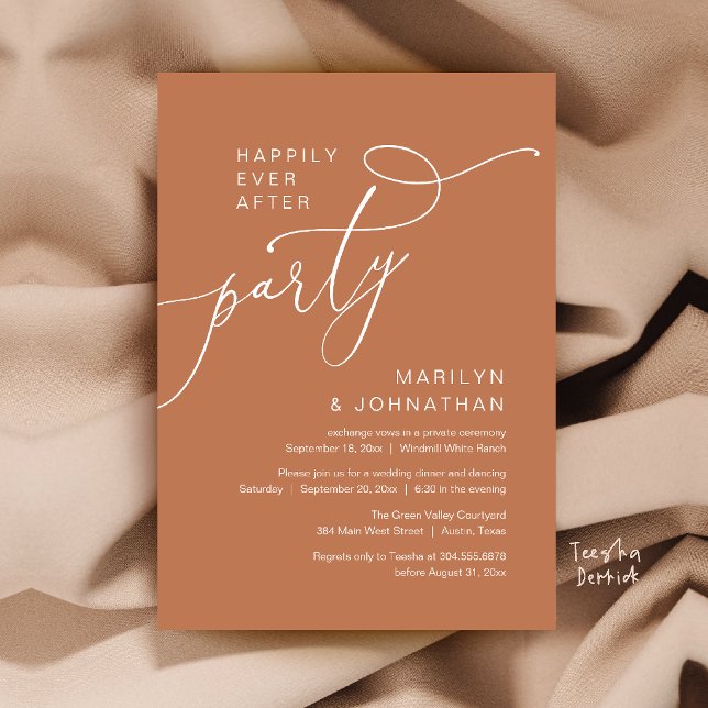 Convites Festa Feliz para Sempre, Recepção de Jantar Modern (Happily Ever After Party, Modern Dinner Reception Invitation Card in Copper Terracotta)