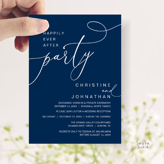 Convites Festa Feliz para Sempre Romântico Casamento Recepç (Happily Ever After Party Romantic Weds Reception Invitation Card in Navy Blue)
