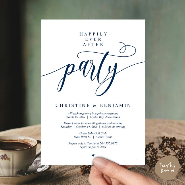 Convites Festa Feliz para Sempre, Roteiro Moderno (Happily Ever After Dinner Party, Modern Script Wedding Reception Invitation Card, PDF, Navy Blue)