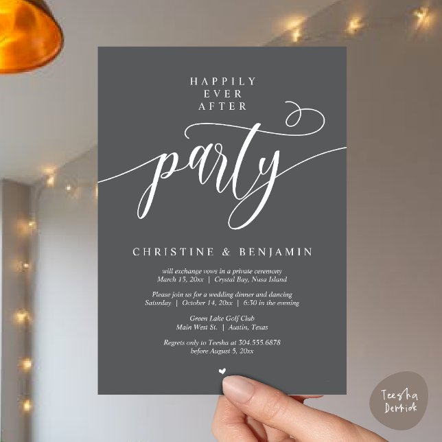 Convites Festa Feliz Para Sempre, Roteiro Moderno (Happily Ever After Dinner Party, Modern Script Wedding Reception Invitation Card, PDF, Dark Grey)