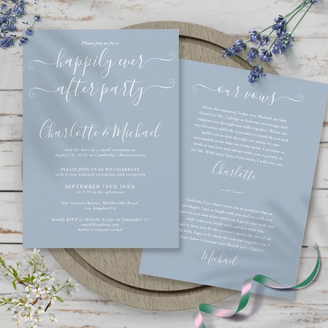Convites Festa Feliz para Sempre Votos de Casamento Azul Em (Happily Ever After Party Wedding Vows Dusty Blue Invitation)