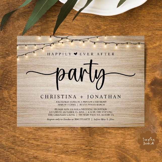Convites Festa Felizes para Sempre, Casamento com Luzes de  (Happily Ever After party, String Lights Wedding Invitation Card PDF Cottage Wood)