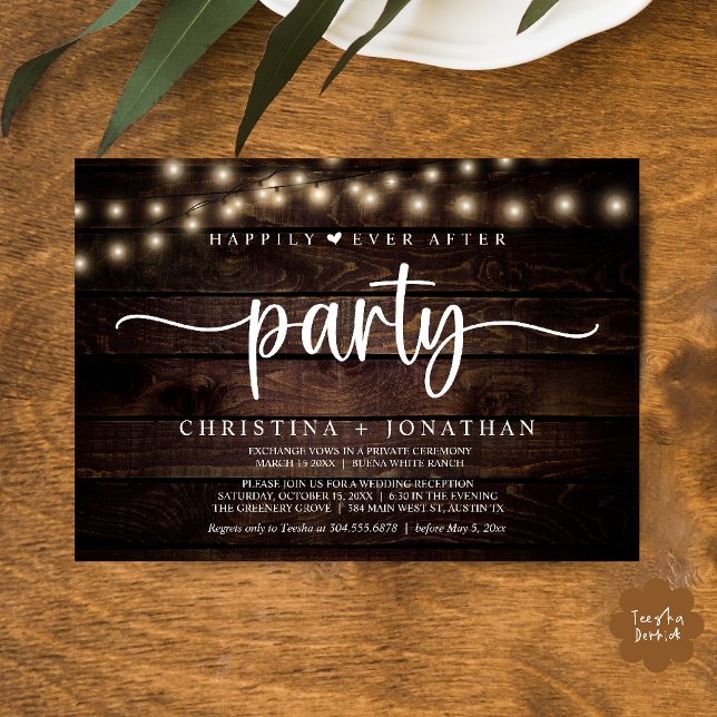 Convites Festa Felizes para Sempre, Casamento com Luzes de  (Happily Ever After party, String Lights Wedding Invitation Card PDF Cottage Dark Wood)