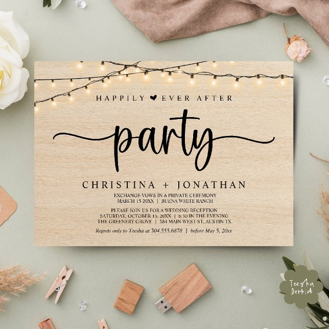 Convites Festa Felizes para Sempre, Casamento com Luzes de  (Happily Ever After party, String Lights Wedding Invitation Card PDF Cottage Wood)