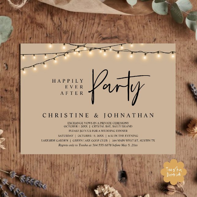 Convites Festa Felizes para Sempre, Elopamento Luzes de Cor (Happily Ever After party, String Lights Elopement Invitation Card in Tan Brown)