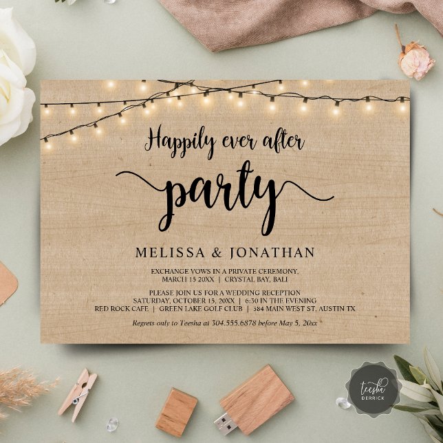 Convites Festa Felizes para Sempre, Elopamento Luzes de Cor (Happily Ever After party, Wedding Elopement Dinner Invites, String Lights Rustic Wood, downloadable)