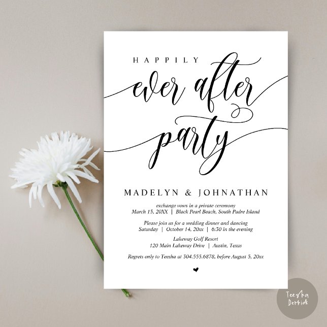 Convites Festa Felizes para Sempre, Jantar de Casamento (Happily Ever After Party, Modern Calligraphy Wedding Dinner Invitation Card, PDF, in Black and White)