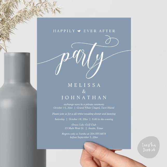 Convites Festa Felizes para Sempre, Jantar de Casamento com (Happily Ever After Dinner, Wedding Party Dancing Invitation Card PDF Modern Rustic Dusty Blue)