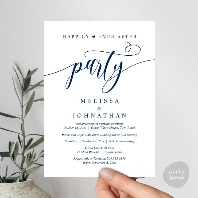 Convites Festa Felizes para Sempre, Jantar de Casamento com (Happily Ever After Dinner, Wedding Party Dancing Invitation Card PDF Modern Romantic Navy Blue)