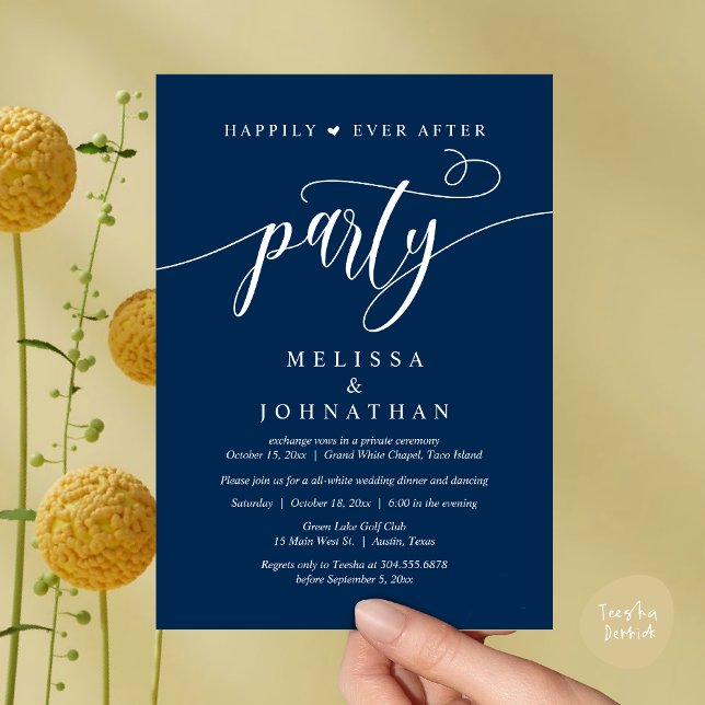 Convites Festa Felizes para Sempre, Jantar de Casamento com (Happily Ever After Dinner, Wedding Party Dancing Invitation Card PDF Modern Romantic Navy Blue)