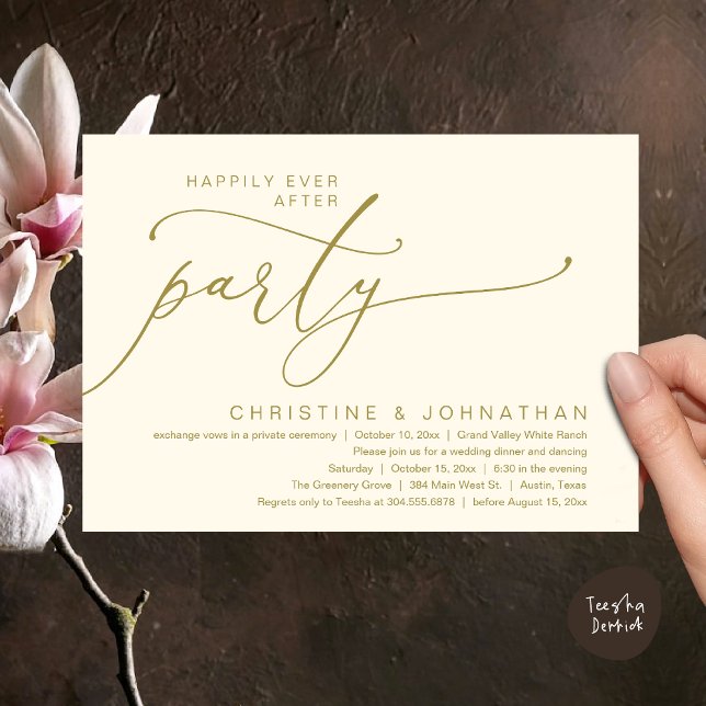 Convites Festa Felizes para Sempre, Jantar de Casamento com (Happily Ever After Party, Romantic Modern Elopement Dinner Dancing Invites Card PDF Yellow Gold)
