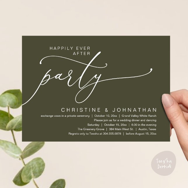 Convites Festa Felizes para Sempre, Jantar de Casamento com (Happily Ever After Party, Romantic Modern Elopement Dinner Dancing Invites Card PDF Olive Green)