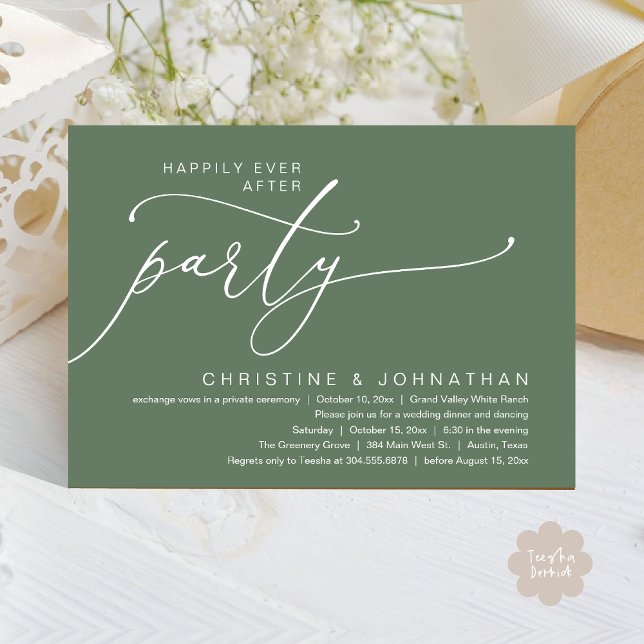 Convites Festa Felizes para Sempre, Jantar de Casamento com (Happily Ever After Party, Romantic Modern Elopement Dinner Dancing Invites Card PDF Sage Green)