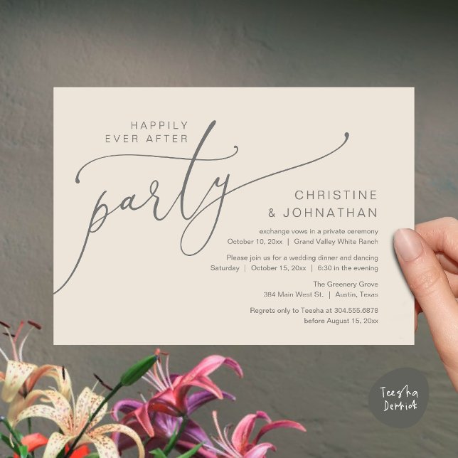 Convites Festa Felizes para Sempre, Jantar de Casamento Fug (Happily Ever After Party, Romantic Modern Elopement Dinner Dancing Invites Card PDF Cream Grey)