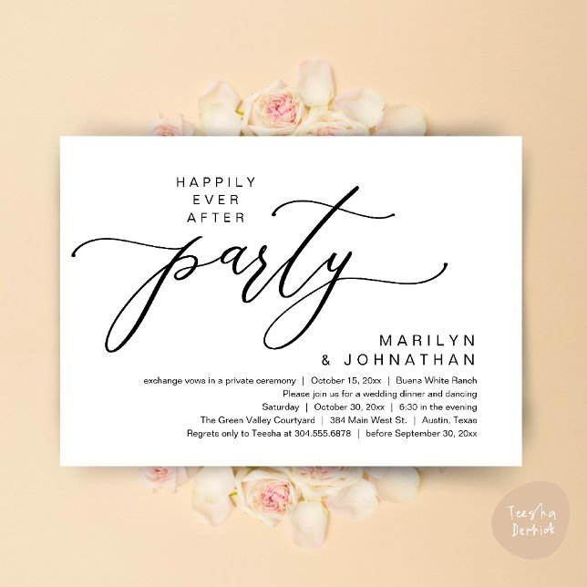Convites Festa Felizes para Sempre Jantar de Casamento Fuga (Happily Ever After Party Wedding Elopement Romantic Dinner Brunch Invitation Card PDF White Black)