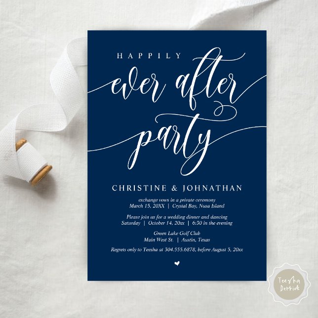 Convites Festa Felizes para Sempre, Jantar de Casamento Int (Happily Ever After Party, Wedding Elopement Dinner Invitation Card, PDF, in Navy Blue)