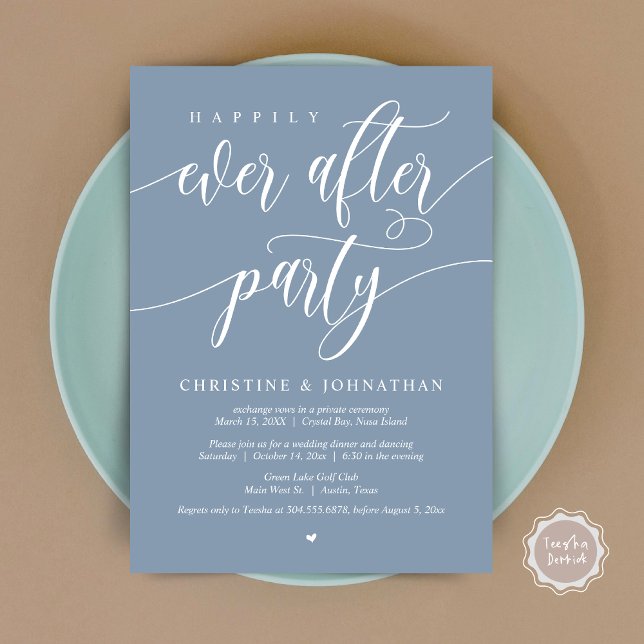 Convites Festa Felizes para Sempre, Jantar de Casamento Int (Happily Ever After Party, Wedding Elopement Dinner Invitation Card, PDF, in Dusty Blue)