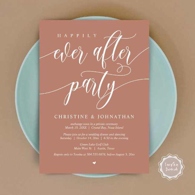 Convites Festa Felizes para Sempre, Jantar de Casamento Int (Happily Ever After Party, Wedding Elopement Dinner Invitation Card, PDF, in Terracotta Earthy Brown)