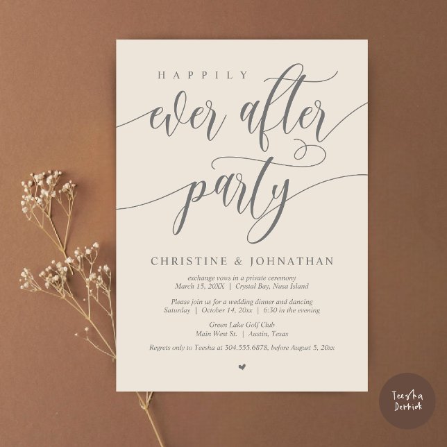 Convites Festa Felizes para Sempre, Jantar de Casamento Int (Happily Ever After Party, Wedding Elopement Dinner Invitation Card, PDF, in Dark Grey and Cream)