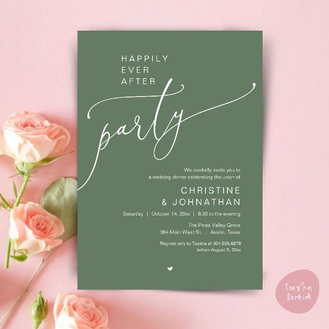 Convites "Festa Felizes para Sempre" Jantar de Casamento Mo ("Happily Ever After Party" Modern Wedding Dinner reception Invitation card in sage green)
