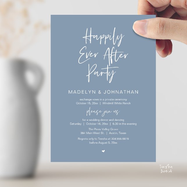 Convites Festa Felizes para Sempre, Jantar de Casamento Mod (Happily Ever After Party, Modern Wedding Reception Dinner Invitation card in dusty blue)