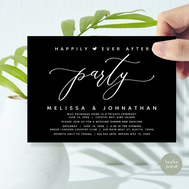 Convites Festa Felizes para Sempre, Jantar de Casamento Pre (Modern Romantic Wedding Elopement Happily Ever After Dinner Party Invitation Card, PDF, Classy Black)