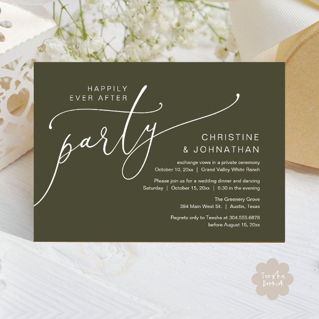 Convites Festa Felizes para Sempre, Jantar de Fuga Romântic (Happily Ever After Party, Romantic Modern Elopement Dinner Dancing Invites Card PDF Olive Green)