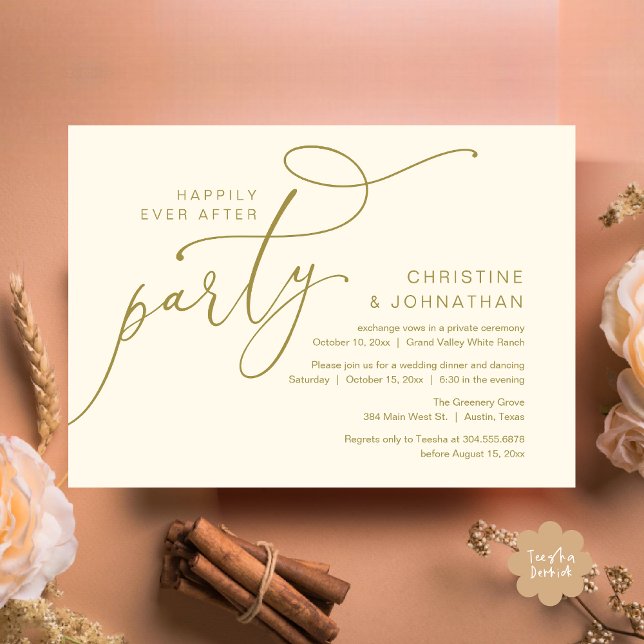 Convites Festa Felizes para Sempre, Jantar Romântico com Da (Happily Ever After Party, Romantic Modern Elopement Dinner Dancing Invites Card PDF Yellow Gold)
