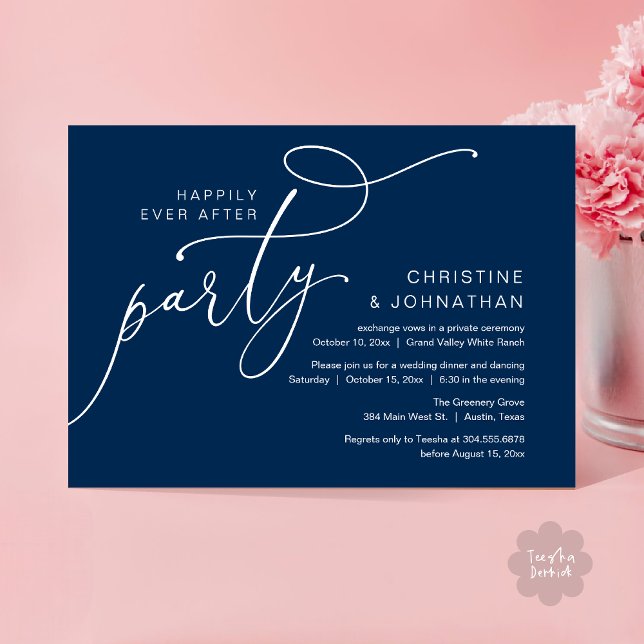Convites Festa Felizes para Sempre, Jantar Romântico com Da (Happily Ever After Party, Romantic Modern Elopement Dinner Dancing Invites Card PDF Navy Blue)