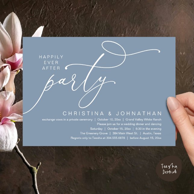 Convites Festa Felizes Para Sempre, Jantar Romântico de Cas (Happily Ever After Party, Romantic Modern Elopement Dinner Dancing Invites Card PDF Dusty Blue)
