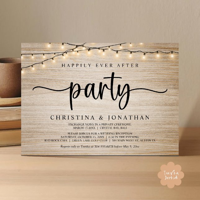 Convites Festa Felizes para Sempre, Luzes Rústicas de Corda (Happily Ever After Party, Rustic String Lights Wed Invitation Card, Dark Brown Wood Background)