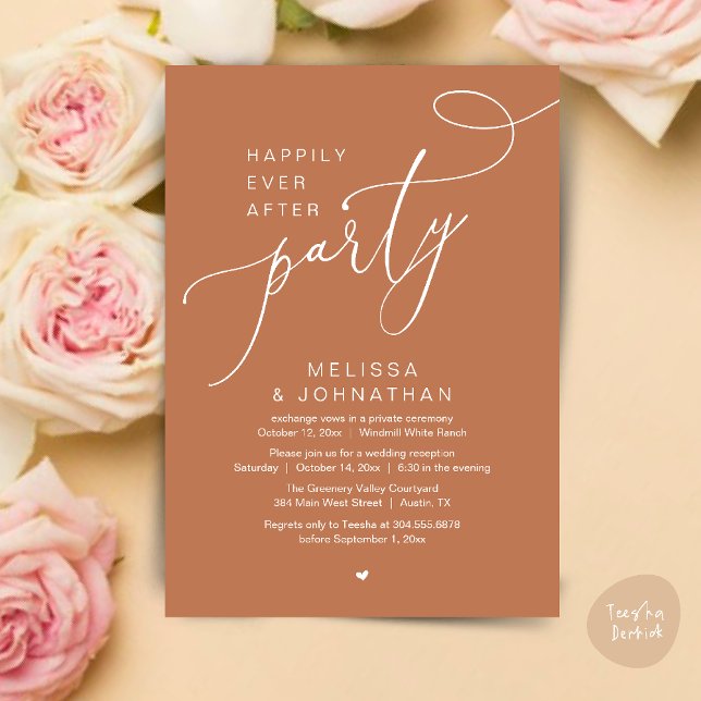 Convites Festa Felizes para Sempre Recepção de Casamento Mo (Happily Ever After Party Modern Wedding Reception Dinner Brunch Lunch Invites card PDF Copper Brown)