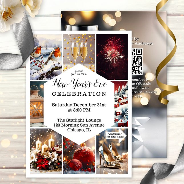Convites Festa Festiva de Colagem de Fotos no Ano Novo (A festive New Year's Eve party invitation featuring your custom photos on a grid - with QR code)