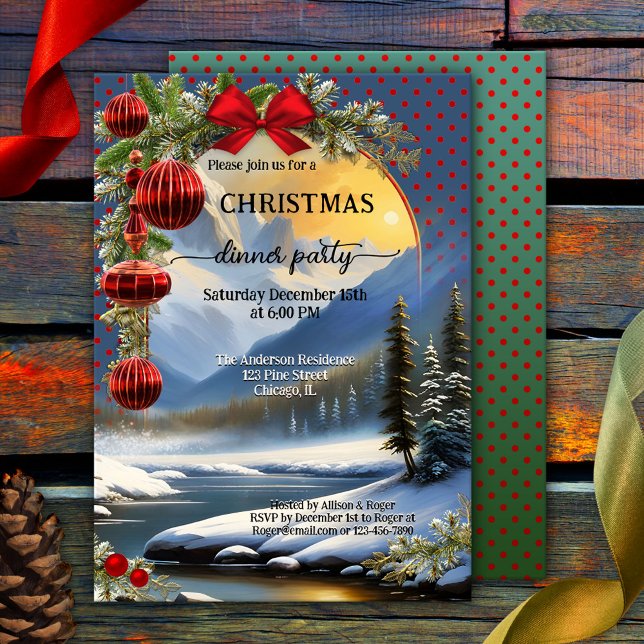 Convites Festa Festiva Espanhola de Janto de Natal (Festive Christmas dinner party invitation featuring a winter wonderland with pine trees)
